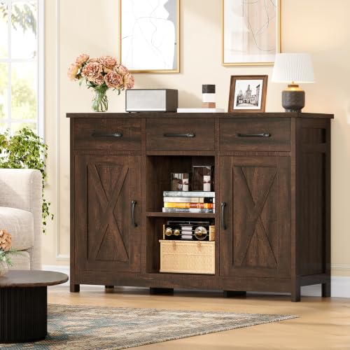 Image of TEENFON Coffee Bar Cabinet with 3 Drawers, Farmhouse Buffet Cabinet