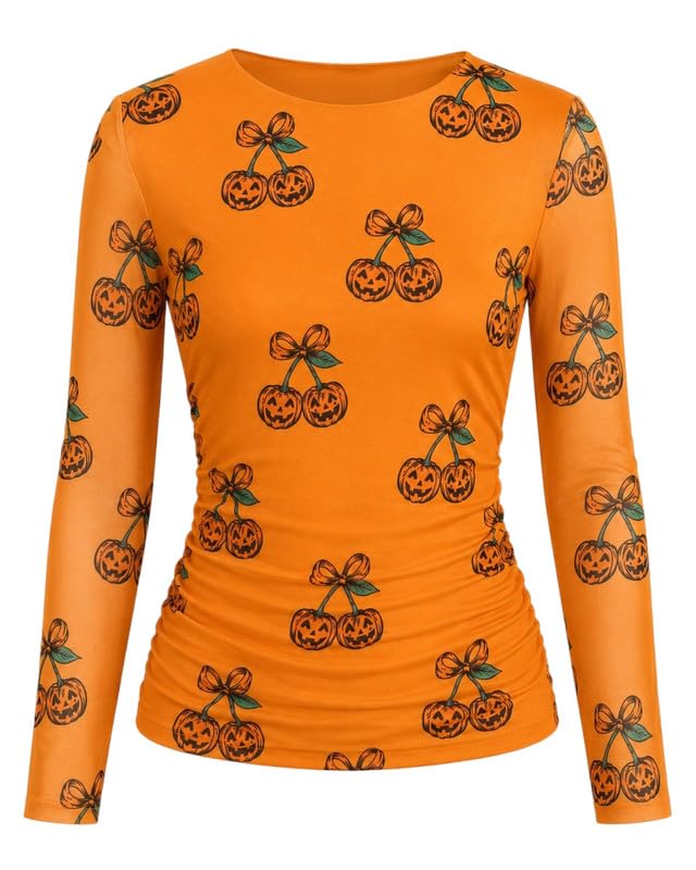 Image of Halloween Shirt Women Spooky Season See Through Mesh Long Sleeve Top