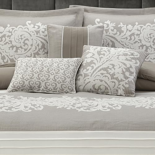 LANCO MODERN LIFESTYLE Taupe Comforter Set, Queen, Damask Jacquard with Matching Solid Piece Work, 7 Piece Soft Bedding Set for All Season, Bed Skirt, Pillow Shams and Decorative Pillows by LANCO MODERN LIFESTYLE - Used condition - Image 5