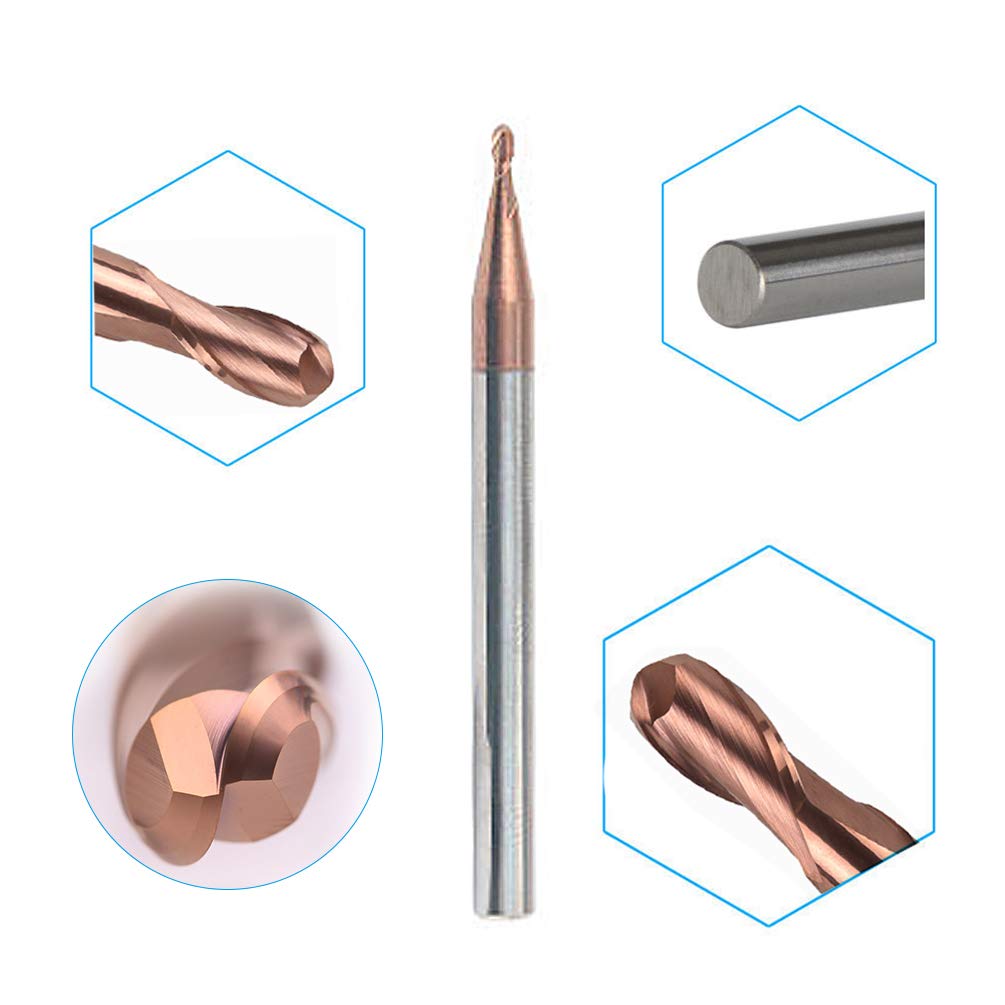 3 pièces - Fraise à bout sphérique à rayon de 0,5 mm, diamètre de tige de 4,0 mm, longueur 50 mm, fraise durable en tungstène HRC 55 pour revêtement en métal acier fer TiAIN