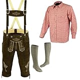 speed4allkinds Herren Trachten Lederhose Größe 46-62 Trachten Set,Hose,Hemd,Socken Neu (Lederhose 62 Rotes Hemd XXXL Socken 46)