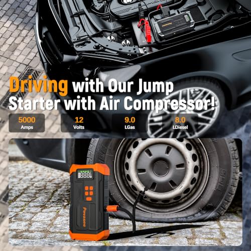 Image of 5000A Jump Starter with Air Compressor,Car Jumper Starter Portable with 150PSI Tire Inflator 12V Jump Box (Up 9L Gas /8L Diesel Engine with LCD Display,Flashlight,Storage Case（Orange