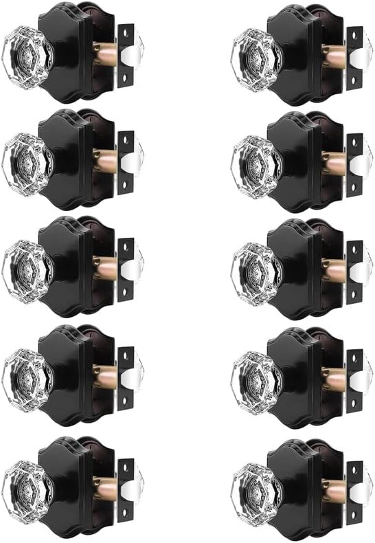 Orger Octagonal Crystal Door Knobs 10 Pack, Interior Privacy Door Handle for Bed/Bathroom with Pin Lock Inside, Black Vintage Rosette Door Knob with Heavy Duty Genuine Glass Privacy-10Pack Black