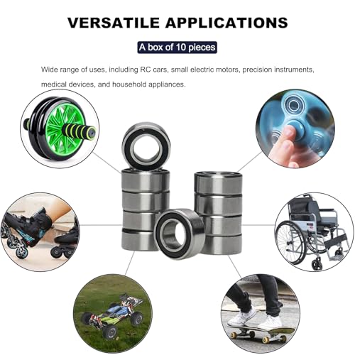 Image of 10 PCS MR105-2RS Deep Groove Ball Bearings - 5x10x4mm Double Sealed, Chrome Steel, Z2 Grade for RC Cars, Drones, Robotics, and Small Electric Motors (MR105 RS)