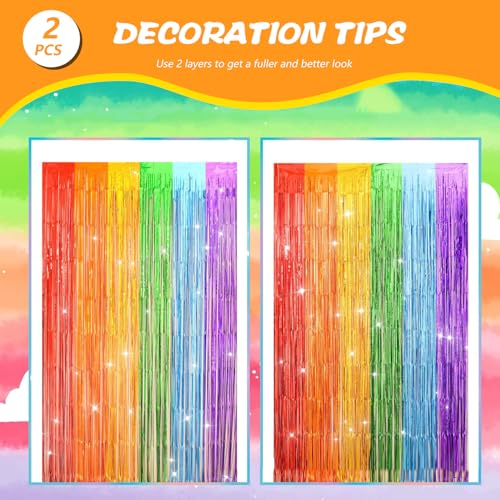 Image of Rainbow Foil Fringe Curtains 2-Piece Rainbow Party Decoration Glitter Hanging Streamers for Disco Carnival Events Metal Tassel Holiday Party Photo Booth 3.3x6.6 Feet