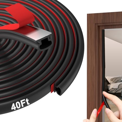 alophoty Weather Stripping Door Seal - 40 Ft Self-Adhesive TPE Rubber Door Seal Strip for Door Frame/Window Seal, Soundproofing & Insulation Strip to Block Drafts, Wind, Noise, Dust (Black)