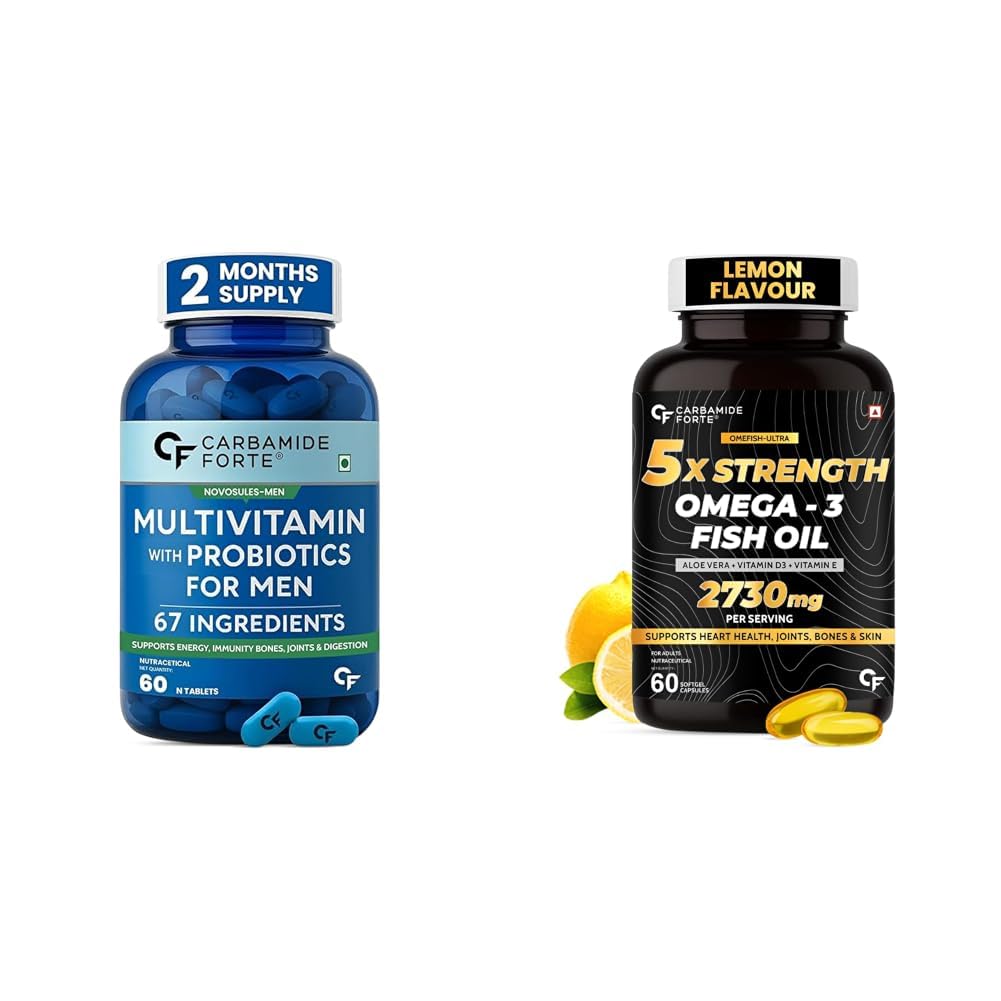 Carbamide Forte Multivitamin Tablet for Men Gym | Multi vitamin Tablet for Men | Multi Vitamin for Mens for Daily Immunity & Energy Support | 60 Tablets & 5X Strength Omega 3 Fish Oil Capsules 2730mg-image-1