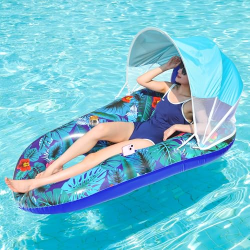 FindUWill Pool Floats with Canopy Adults - XL Large Pool Float Lounger with Cup Holder, Removable Sun Shade Cover, Inflatable Pool Chair Floaties with Footrest, Headrest for Pool Beach (Blue)