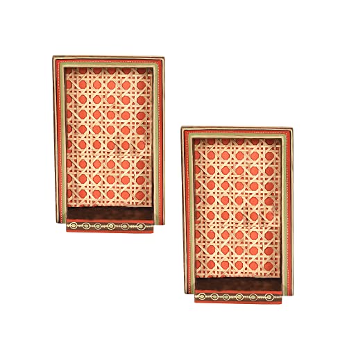 Image of AAKRITI ART CREATIONS Handcrafted Cane Hanging Shelf for Home Decor | Wooden Shelves & Ceramic Wall Hanging Shelf Set of 2 | Matte Finish Decorative Shelves for Living Room, Bedroom & Gifting