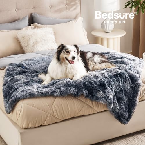 Bedsure Waterproof Dog Blankets for Large Dogs - Cat Blanket for Couch Protector Washable Long Faux Fur,Calming Soft Reversible Throw Furniture Protection for Puppy Pet, 50"x60", Tie-dye Grey - Image 3