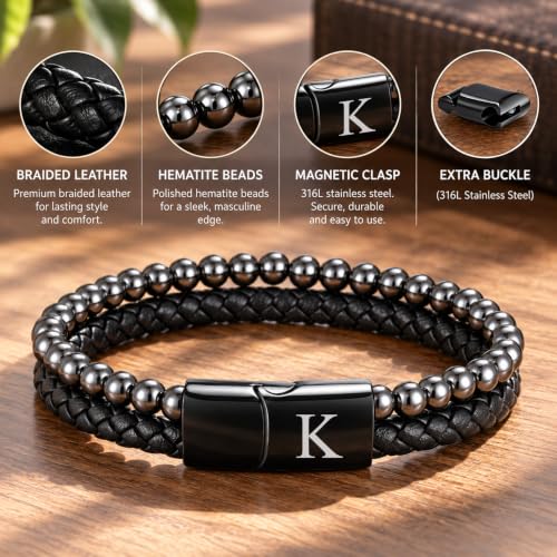 Initial Bracelet for Men, Black Hematite Beads & Braided Leather Bracelet - image 4