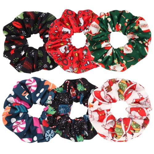 6pcs Christmas Hair Ties Snowflake Christmas Tree Hair Scrunchies Elastics Soft Hair Bands Ponytail Holders Hair Accessories for Women Girls Festival Holiday Xmas Party Supplies