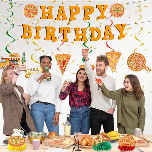 Image of Pizza Birthday Party Decorations - 11PCS Pizza Happy Birthday Banners Hanging Swirl Honeycomb Centerpieces Table Decor Supplies