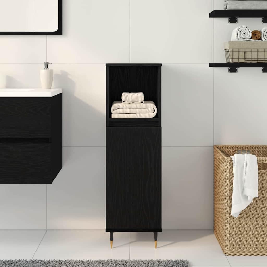 Badezimmerschrank mit Tür Schwarz Eichen-Optik, Badschrank 30 x 30 x 100 cm, schmaler Badunterschrank aus Holzwerkstoff, platzsparende Badkommode mit 3 Ablagen für Badzubehör