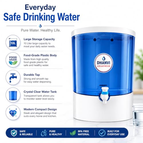 Image of DHANVI Aqua Fresh ISI Mark Water Purifier for Home | RO Water Purifier with Active Copper | UV Sanitization in Tank | 10L Storage | Food Grade ABS Body | Suitable for Borewell