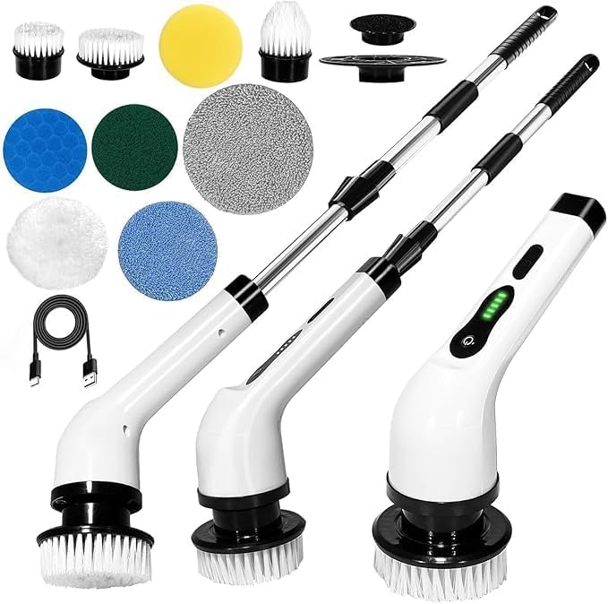 9 in 1 Electric Spin Scrubber,Cleaning Brush for Home, 300Rpm/Mins 8 Heads 90Mins Work Time, 3 Adjustable Size, 2 Speeds for Bathroom Shower Bathtub Car-image-23