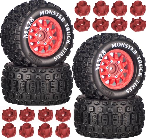 MX28 2.8' Tire and Wheels Pre-Glued All-Terrain MT Tires with 12mm/14mm Hexes - 1/10 Scale RC Truck Tires for ARRMA Big Rock, Granite, Senton, Vorteks, Traxxas Slash, Stampede Rustler, Hoss