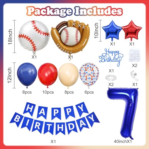Image of 7th Baseball Birthday Decorations for Boys,Navy Blue Red Balloons Party | Decorations Banner 40-Inch Number 7 Foil Balloons Baseball Glove Cake Topper Sport Party Supplies for Kids