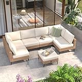 LVUYOYO 7 Pieces Outdoor Patio Furniture Set, Wicker Sectional Sofa Set for All-Weather, Rattan Conversation Sets with Cushions and Storage for Deck, Backyard, Porch (Khaki)