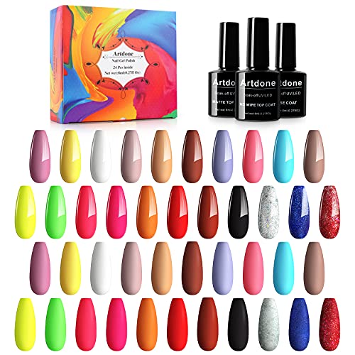Artdone 24pcs Gel Nail Polish Kit,(8ml each),include Glossy & Matte Top Coat and Base Coat Soak Off Nail Polish Set Pink