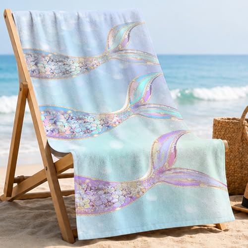 OJMFHEGEE Coastal Mermaid Beach Towel 30x60 Inches, Pastel Gold Glitter Mermaid Tails Oversized Bath Towel for Girls Kids Bath Swimming Pool Travel Vacation Camping