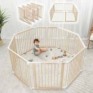 Comfy Cubs Baby Gate Playpen – 57 x 57 x 25 in, Extends Up to 228” – Pine Wood Foldable Playpen with Child-Proof Lock – Easy Assembly Baby Fence Play Area for Babies & Toddlers – Light Wood White