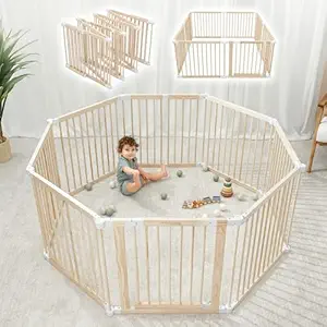 Comfy Cubs Baby Gate Playpen - 57 x 57 x 25 in, Extends Up to 228” - Pine Wood Foldable Playpen with Child-Proof Lock - Easy Assembly Baby Fence Play Area for Babies & Toddlers - Light Wood White