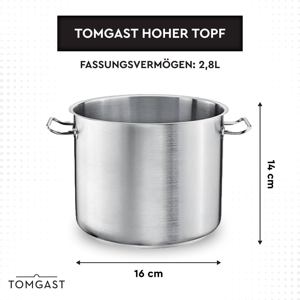 pentola alta Diametro: 16 cm Altezza: 14 cm Capacità: 2,8 l | Acciaio inossidabile 18/10 | Spessore delle pareti da 1 mm a 1,2 mm | Fondo a tre strati in alluminio e acciaio | Induzione