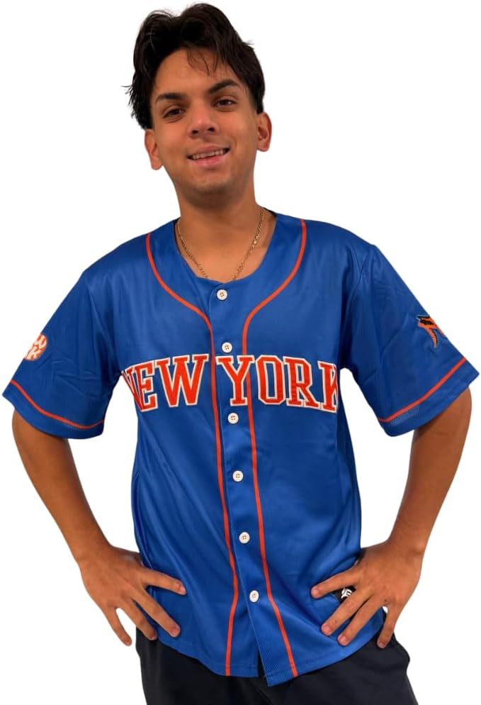 Baseball Jersey #12 – New York-Style, Royal Blue/Orange Trim, Unisex Button Front, Breathable Mesh Fabric