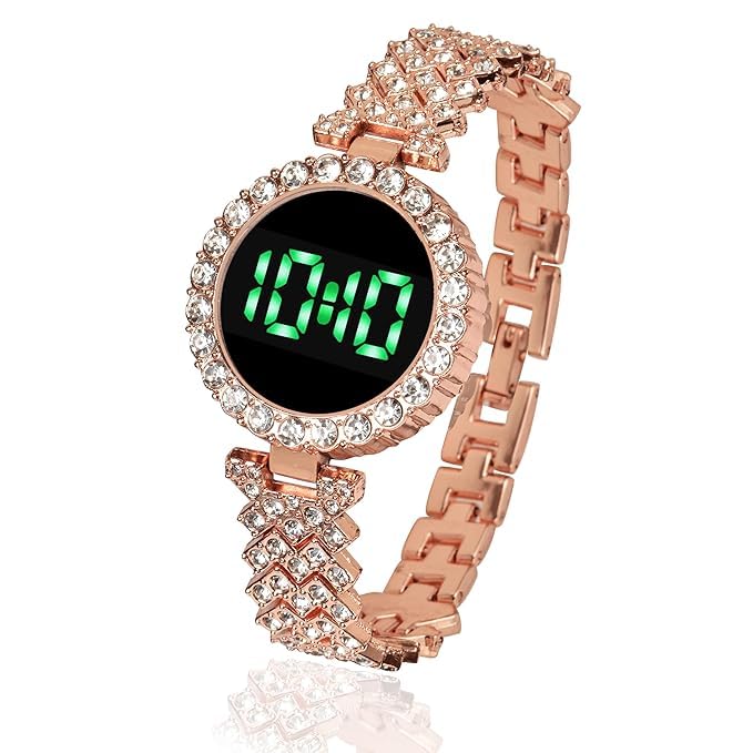 MOOVER Elegant Rose Gold LED Digital Watch with Rhinestone Bracelet – Trendy Smartwatch for Stylish Girls & Women-Elegant Black Dial for Fashionable and Trendy Wear (Rosegold) MOOVER Elegant Rose Gold LED Digital Watch with Rhinestone Bracelet – Trendy Smartwatch for Stylish Girls & Women-Elegant Black Dial for Fashionable and Trendy Wear (Rosegold)