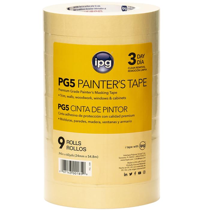 IPG 72-Rolls of .94” x 60 yds PG5 ProMask Tan 3-Day Masking Tape, 8 Contractor Packs