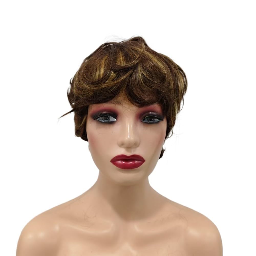 4-calowe krótkie kręcone peruki Pixie Cut z ludzkich włosów dla kobiet, bezklejowa, warstwowa peruka do codziennego użytku (Brown Highlight)