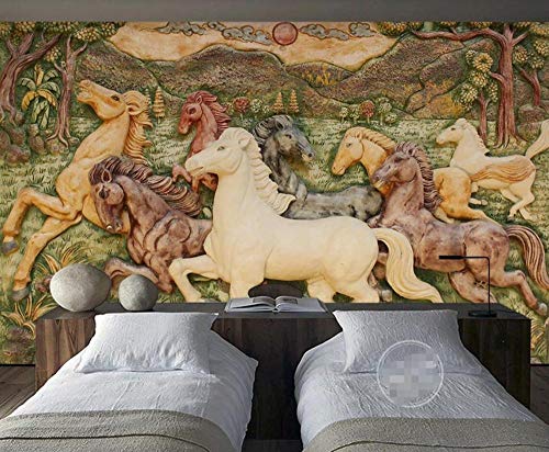 Fototapete 3D Tapete Relief Bäume Pferde Gras Wiese Retro Tapeten Vliestapete 3D Effekt Wandbild Cover