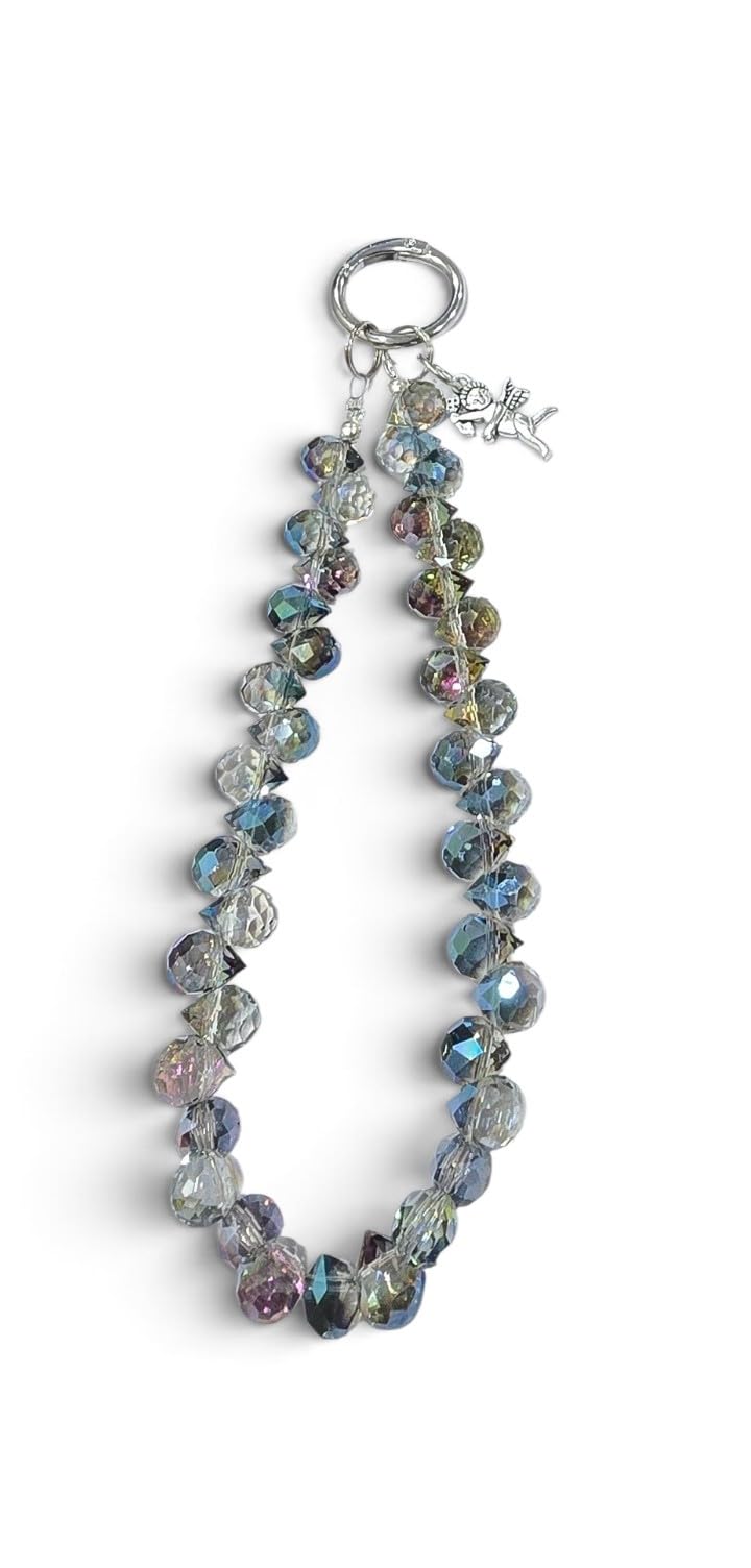 Handmade Aurora Crystal Glass Beads Phone Charm with Angel Pendant | Iridescent Beads, Silver-Tone Angel Charm, Mobile Hanging Strap, For Women & Girls, Handcrafted Design-image-45