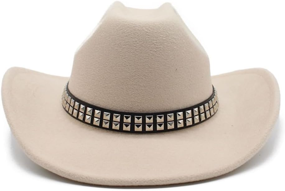 Western Cowboy Hat with Studded Band, White Felt, Wide Brim