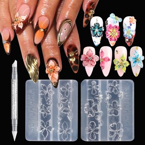 2PCS 3D Flowers Nail Art Silicone Mold Spring Summer Hibiscus Flowers Blossom Petal Carving Template Resin Craft Making Tool Mould with Sculpture Pen for DIY Manicure Decorations Accessories