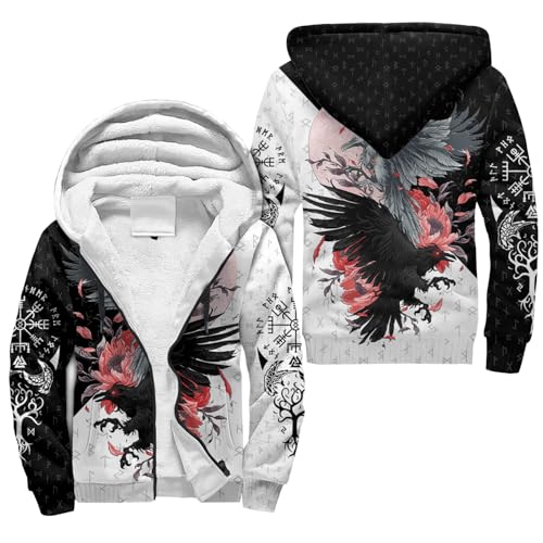 JHBTFQ Nórdico Vikingo Chaqueta para Hombre Cuervo Odín Hugin Munin Impreso en 3D Otoño/Invierno Caliente Sudadera con Cremallera Medieval Regalos,Yggdrasil,5XL
