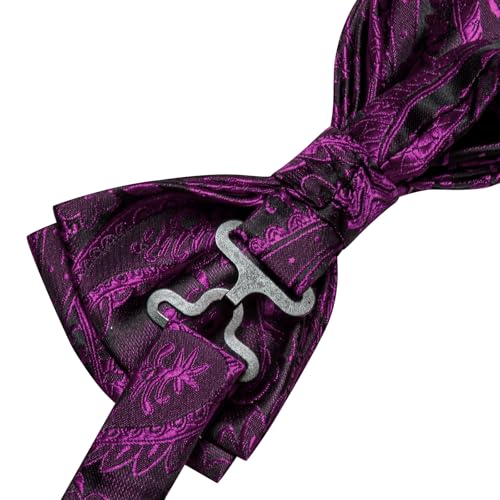 Image of Hi-Tie Mardi Gras Bow Tie Men Pre Tied Bowtie Pocket Square Cufflinks Lapel Pin Formal Wedding Bow Ties for Men Party Tuxedo Bowtie Set,Black Purple Paisley Floral