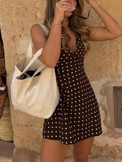 Brown Polka Dot Mini Dress for Women Y2k V - Neck Sleeveless Mini Dress Vintage Streetwear Summer Outfit 20252