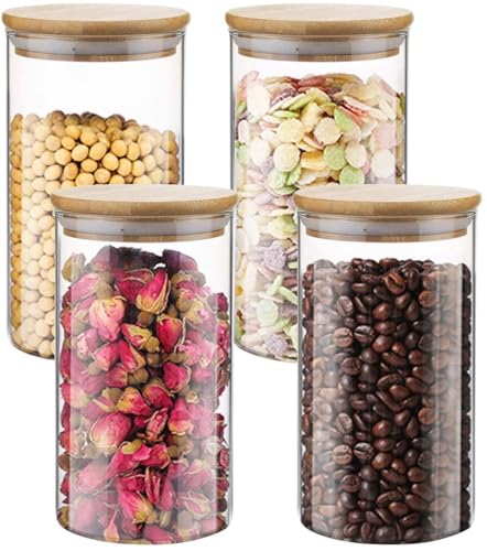 Image of 1050ML Glass Food Storage Jars Containers,Set of 4 Storage Jar with Airtight Bamboo Lids Kitchen Canisters For Coffee, Sugar, Cookie, Spice (Round 1050 ML, Set of 4)