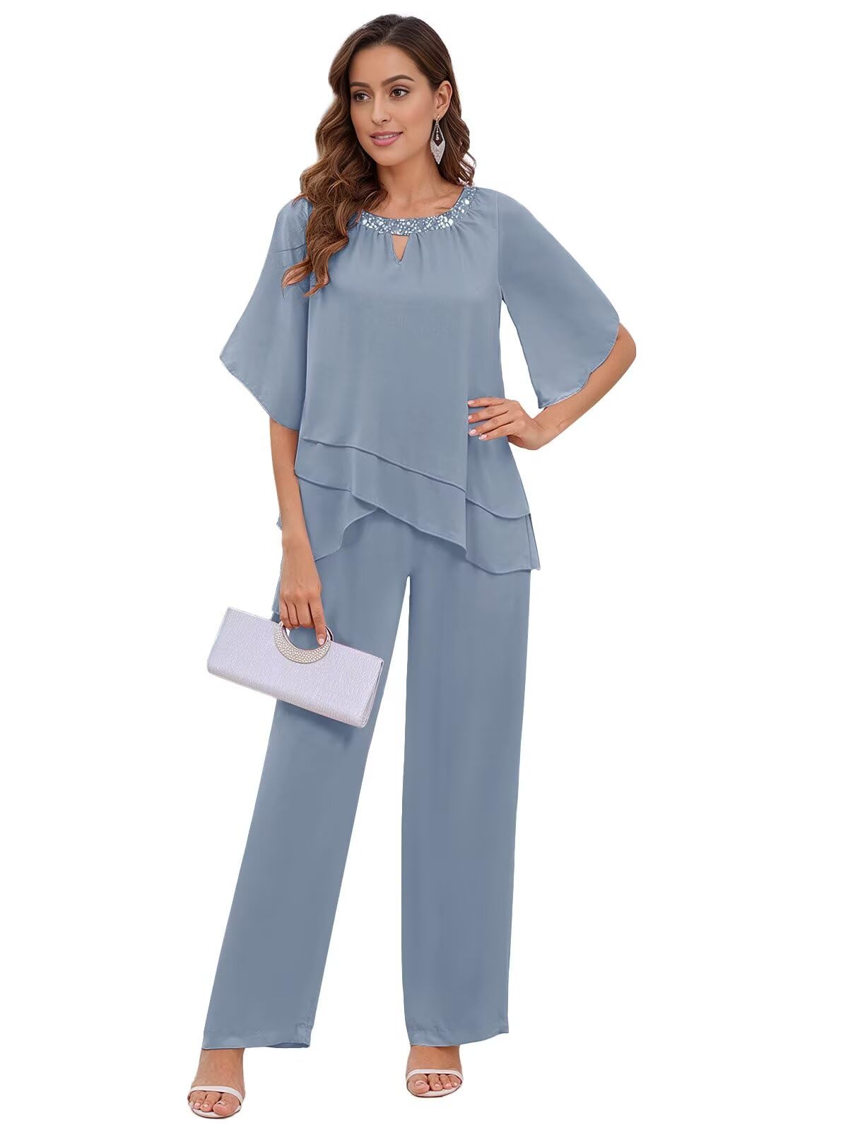 2 Pieces Mother of The Bride Pant Suits for Women Dressy Chiffon Formal Outfit