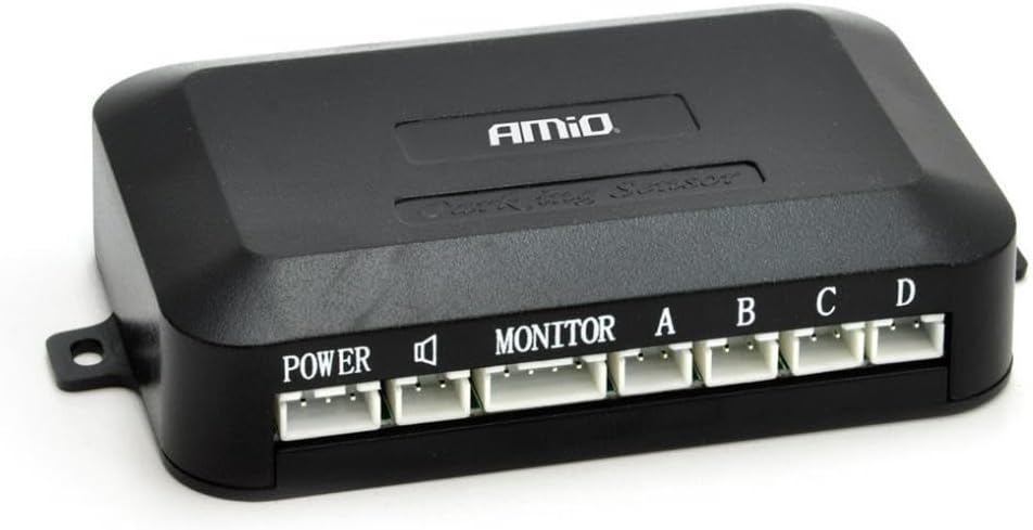 Black control unit for the parking sensor system with labeled ports.