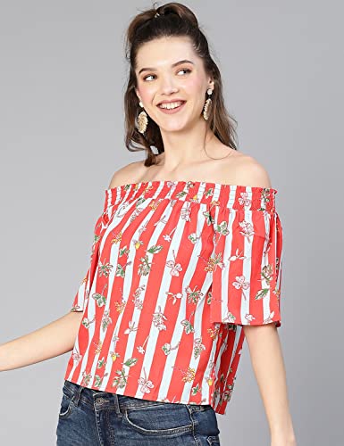 Image of oxolloxo Women Stripe & Floral Digital Print Off -Shoulder Polyester Top