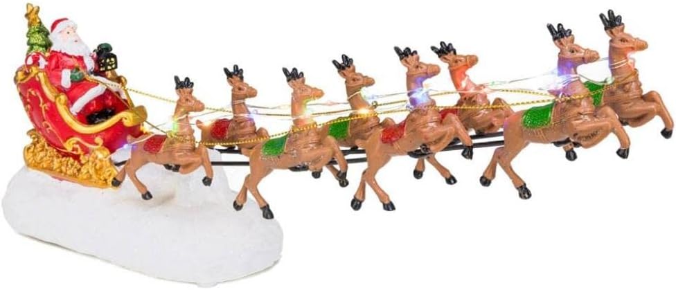 Merry Christmas Decorations for House, Christmas Village House Santa Sleigh with Reindeer Light-Up and Music Merry Christmas Decoration for Home (Blue)