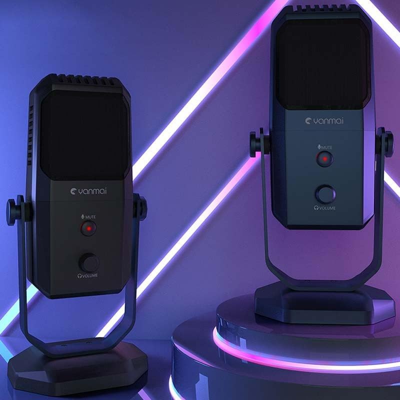 Two Yanmai SF-900 microphones in a studio-like setting, showing illuminated controls