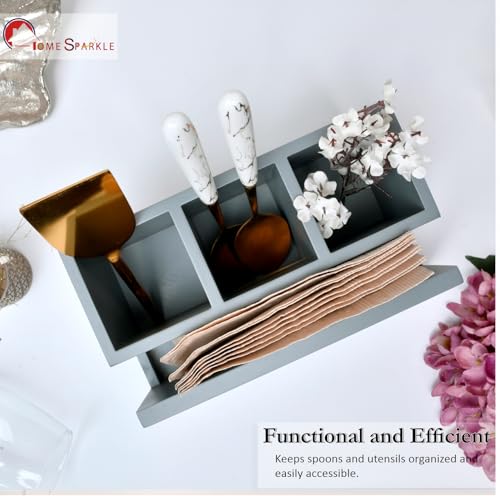 Image of Home Sparkle Engineered Wood Cutlery Holder with Napkin Rack - Multipurpose Spoon Stand & Kitchen Organizer Rack for Dining Table, Restaurant & Countertop - Brown Finish (B13V31)