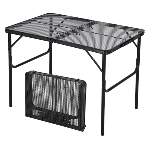 GarveeLife 3x2FT Folding Grill Table, Portable Camping Table with Mesh Desktop, Height Adjustable Lightweight Metal Grill Table, for Outdoor Camping, BBQ, Picnic, Travel Cooking, Black