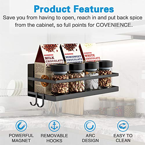 Thipoten Magnetic Spice Rack, Strong Magnetic Shelf with 2 Removable Hooks, Perfect Space Saver for Small Kitchen/Apartment, Awesome Metal Cabinet for Holding Spices, Jars, Bottle, Beve(Black, 2Pack)