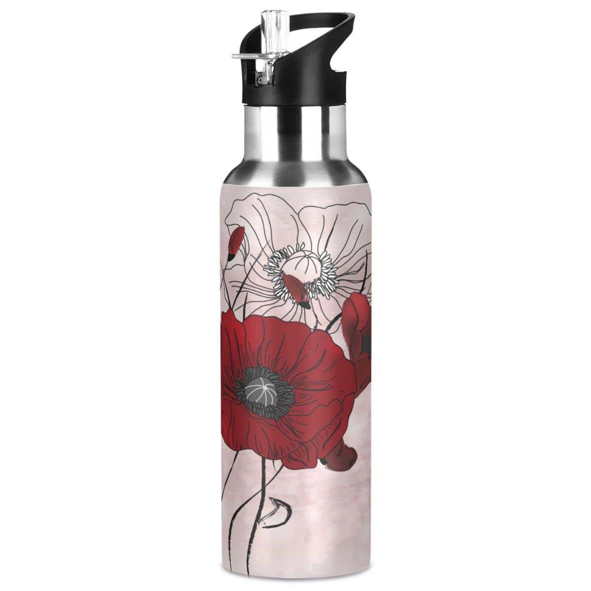 Edelstahl Wasserflasche mit Strohhalm, Mohnblumen mit Schmetterlingen Isolierte Trinkflasche Sport Wasserflasche für Kinder Erwachsene, auslaufsicher, 1L