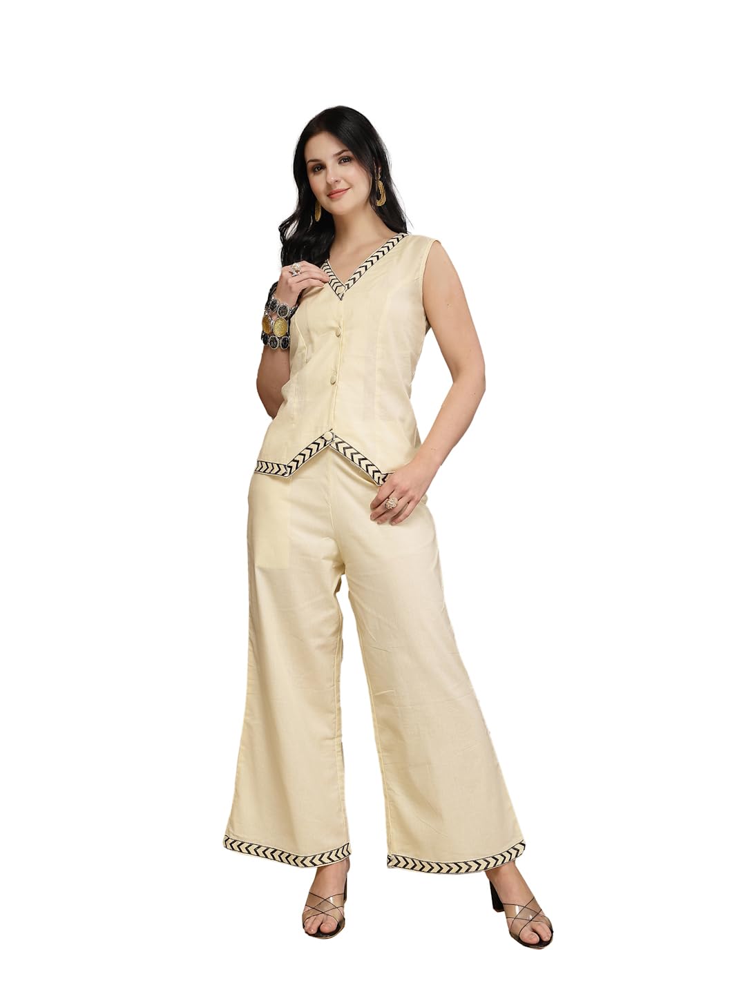 Women's Cream Solid Cotton Top Palazzo Set